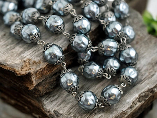 10mm Czech Glass Blue Pearl Chain with Antique Silver Caps -- Sold by the foot