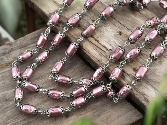 10x5mm Czech Glass Pink Pearl Chain w/Antique Bronze Caps -- Sold by the foot