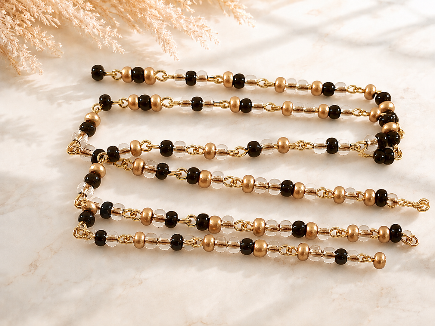 Czech Glass Black/Clear/Matte Gold Beaded Chain w/  Gold Links