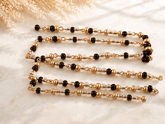 Czech Glass Black/Clear/Matte Gold Beaded Chain w/  Gold Links