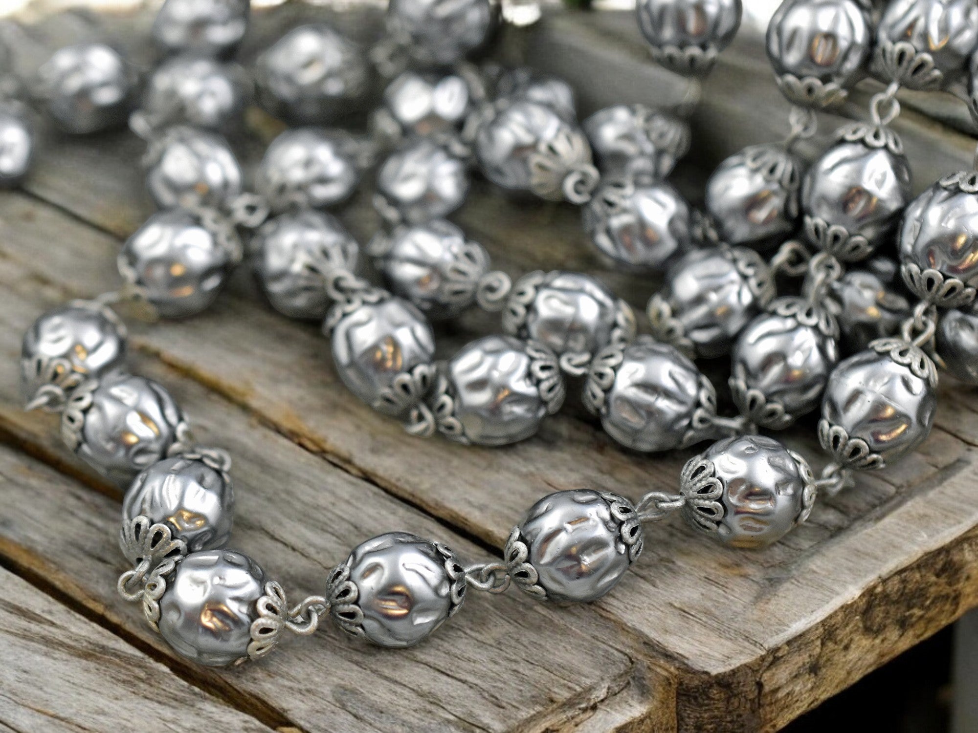 Glass Chain Silver 10mm Czech Glass Silver Pearl Chain with Antique Silver Caps -- Sold b ...