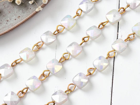6.5mm Milky White AB w/ Bronze Links Handmade Beaded Chain - Sold by the foot
