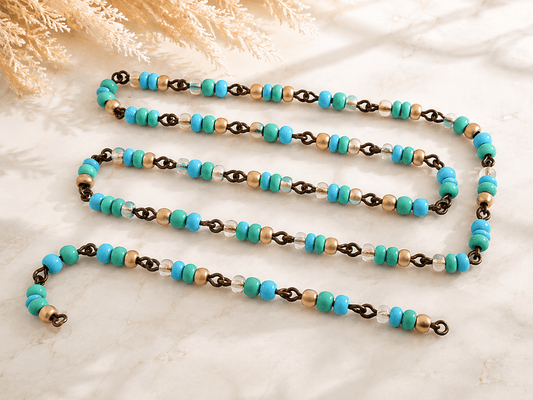 Czech Glass Blue/Turquoise//Matte Gold Beaded Chain w/  Bronze Links