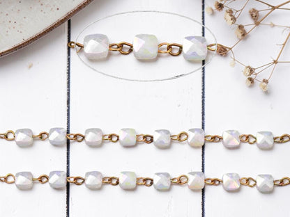 6.5mm Milky White AB w/ Bronze Links Handmade Beaded Chain - Sold by the foot