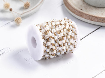 6.5mm Milky White AB w/ Bronze Links Handmade Beaded Chain - Sold by the foot