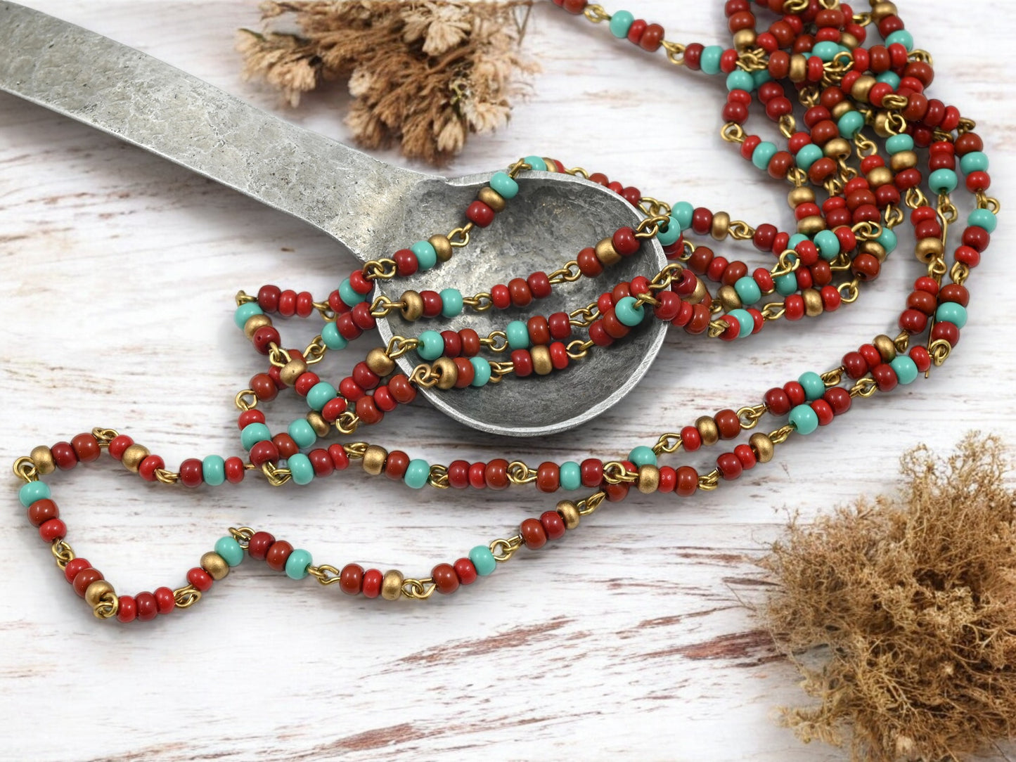 Czech Glass Red/Turquoise/Gold Beaded Chain w/ Gold Link