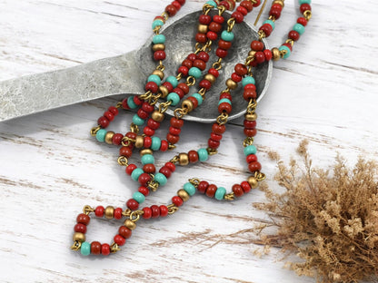 Czech Glass Red/Turquoise/Gold Beaded Chain w/ Gold Link