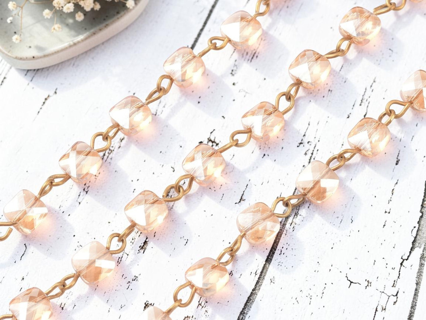 6.5mm Smokey Pale Topaz Luster w/ Bronze Links Handmade Beaded Chain - Sold by the foot