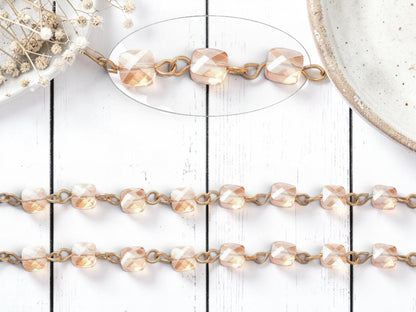 6.5mm Smokey Pale Topaz Luster w/ Bronze Links Handmade Beaded Chain - Sold by the foot