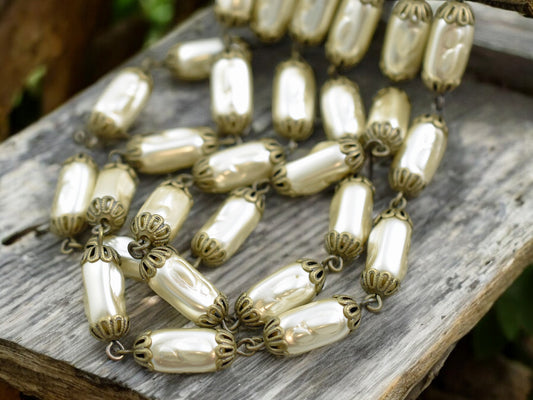 11.5x6.5mm Czech Glass Cream Pearl Chain with Antique Brass Caps