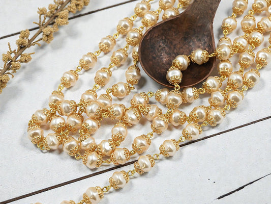 8mm Czech Glass Cream Baroque Pearl Chain w/Gold Caps - Sold by the Foot