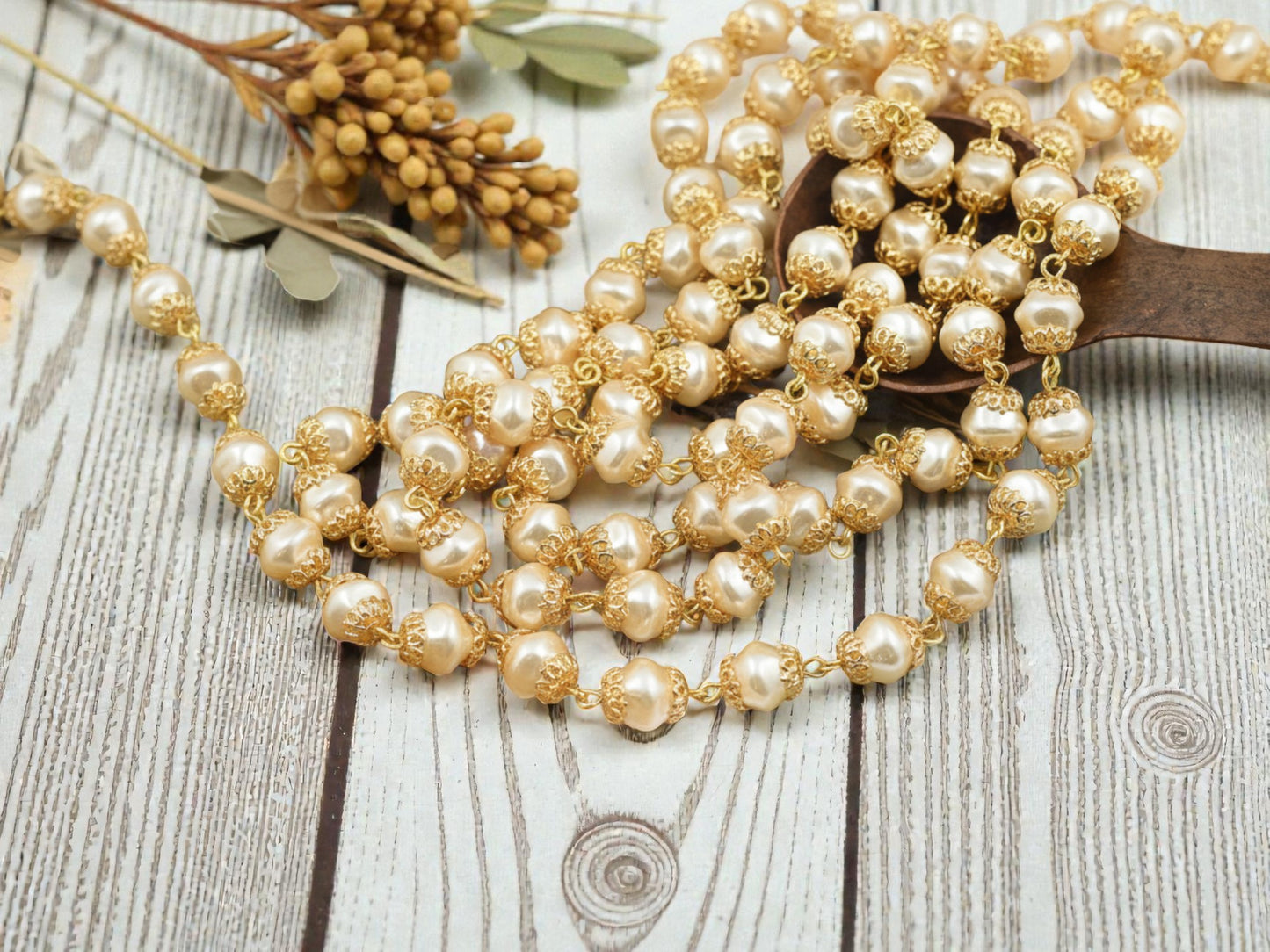 8mm Czech Glass Cream Baroque Pearl Chain w/Gold Caps - Sold by the Foot