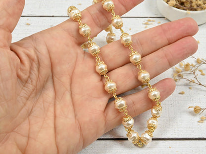 8mm Czech Glass Cream Baroque Pearl Chain w/Gold Caps - Sold by the Foot
