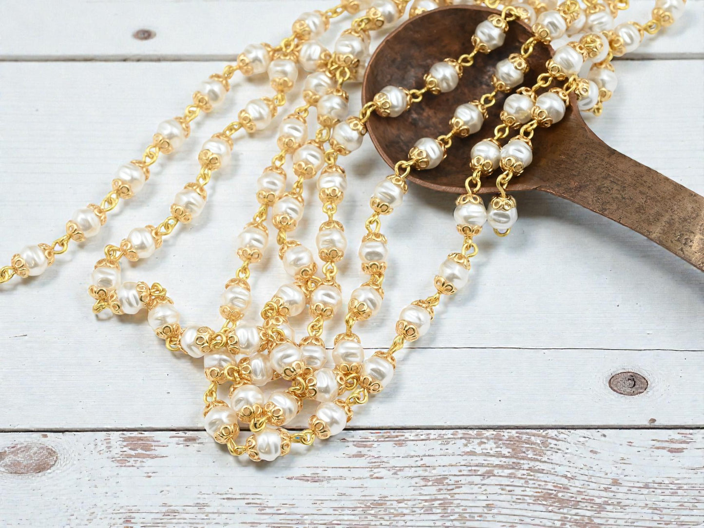 6mm Czech Glass White Baroque Pearl Chain w/Gold Caps - Sold by the Foot