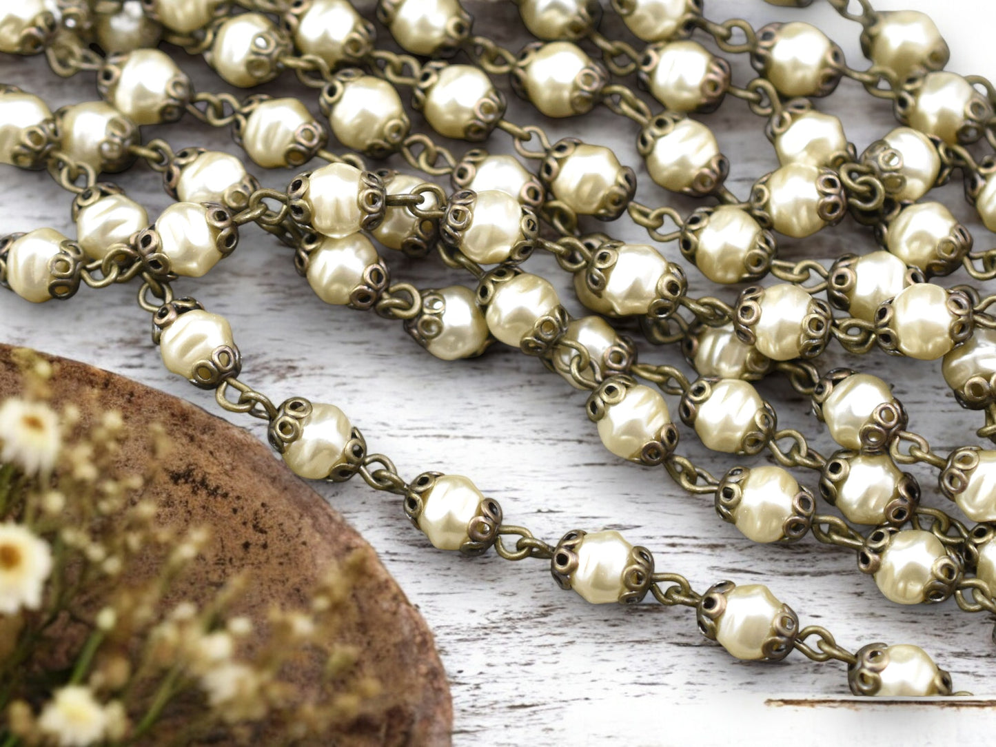 6mm Czech Glass Cream Pearl Chain w/Bronze Caps