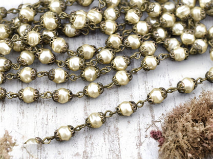 6mm Czech Glass Cream Pearl Chain w/Bronze Caps