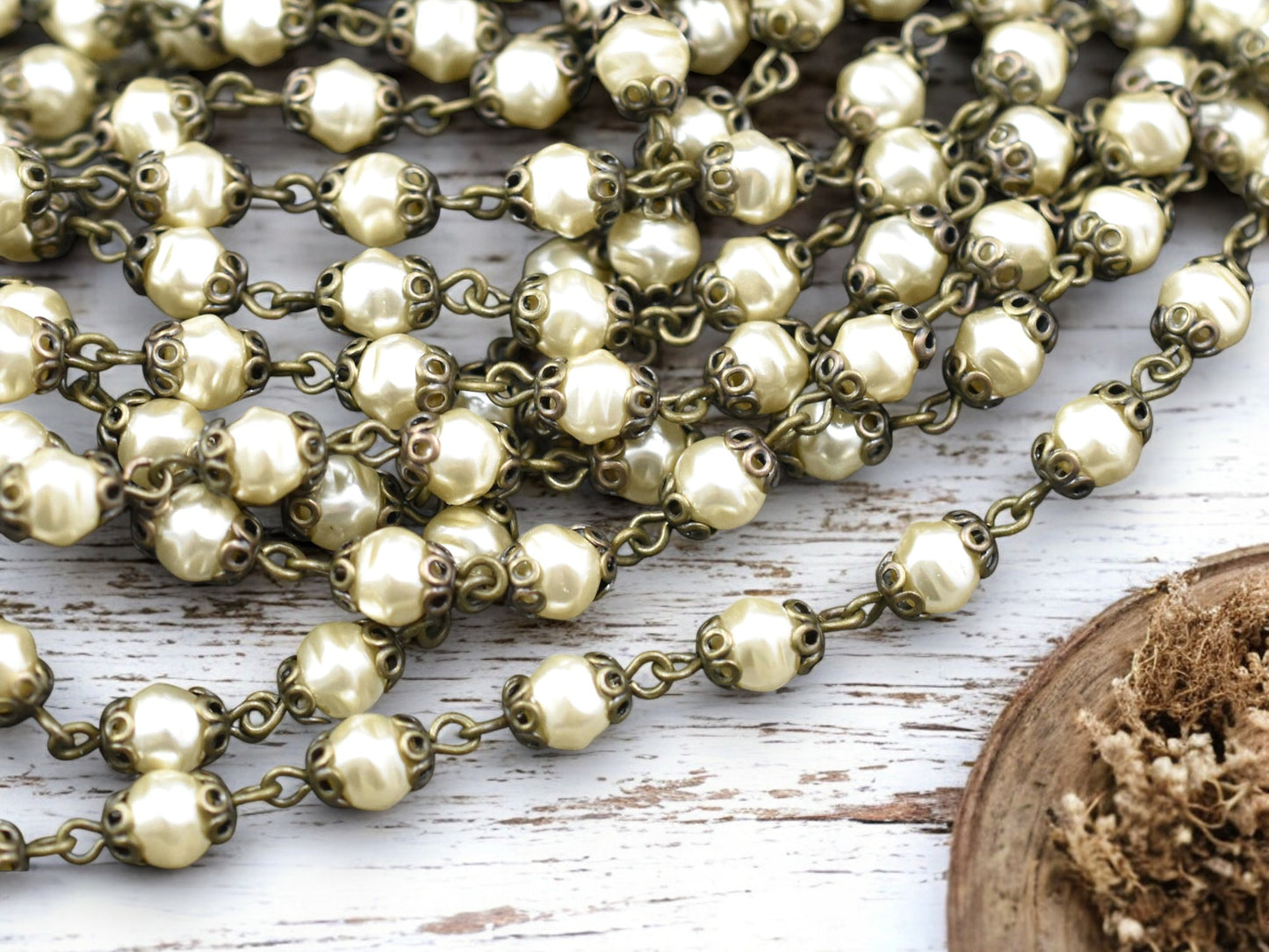 6mm Czech Glass Cream Pearl Chain w/Bronze Caps