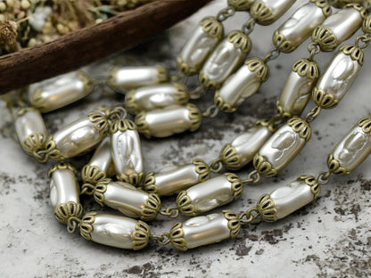 11.5x6.5mm Czech Glass Satin Taupe Pearl Chain with Ant Brass Caps -- Sold by the foot