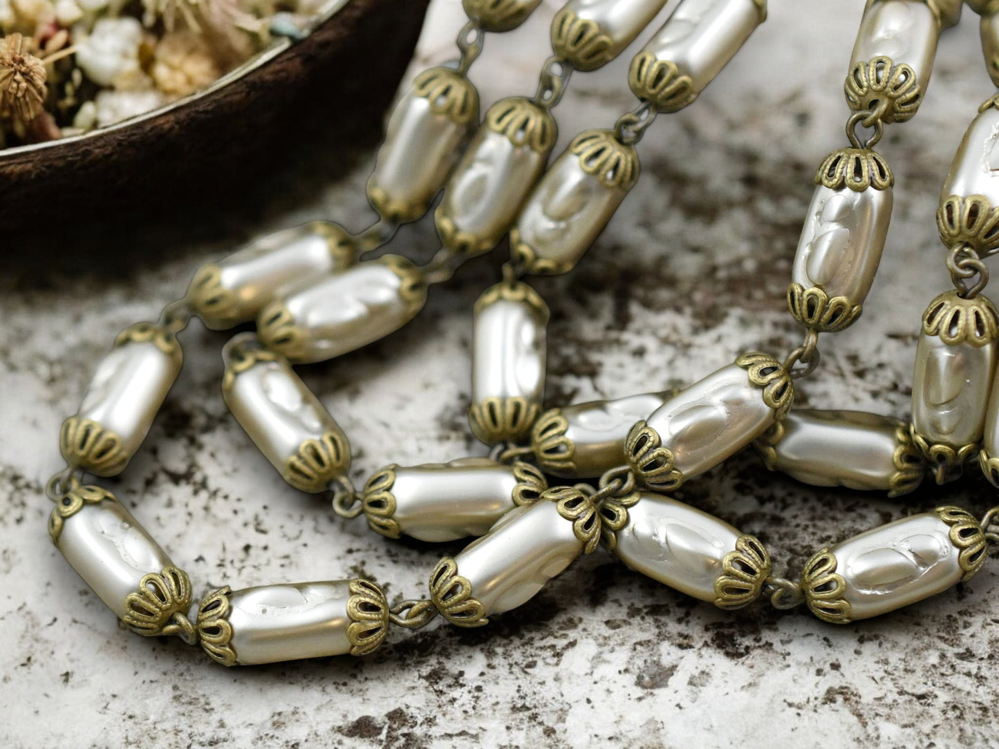 11.5x6.5mm Czech Glass Satin Taupe Pearl Chain with Ant Brass Caps -- Sold by the foot