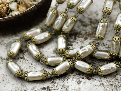 11.5x6.5mm Czech Glass Satin Taupe Pearl Chain with Ant Brass Caps -- Sold by the foot