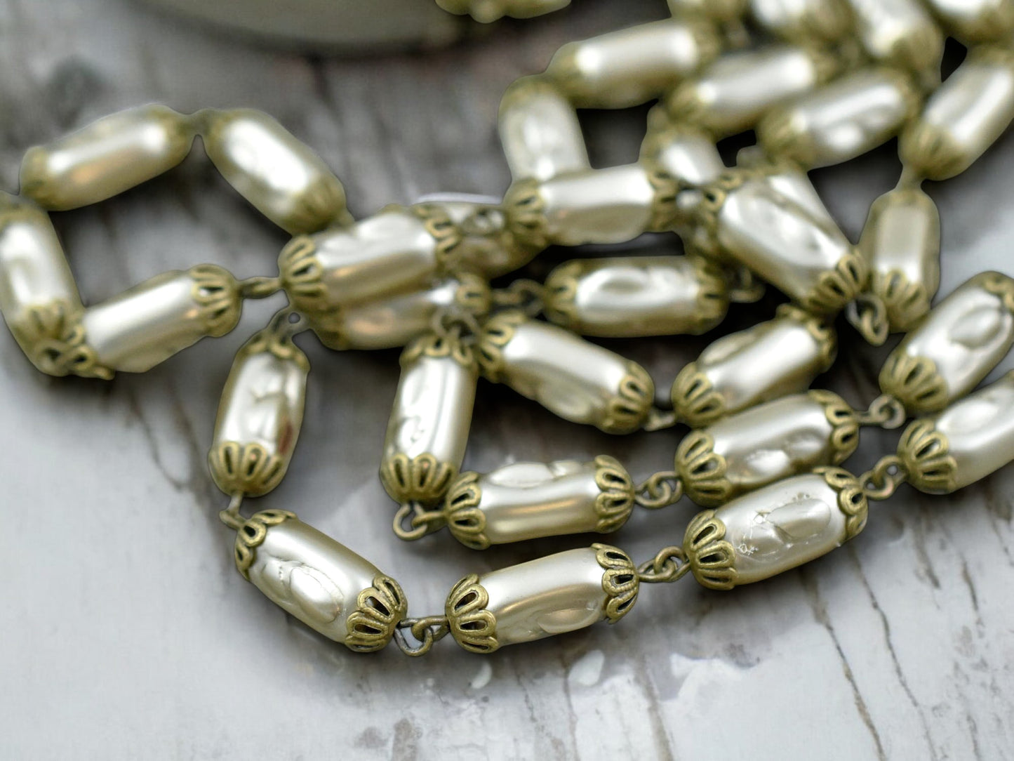 11.5x6.5mm Czech Glass Satin Taupe Pearl Chain with Ant Brass Caps -- Sold by the foot