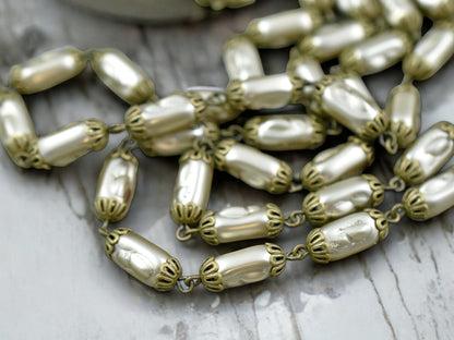 11.5x6.5mm Czech Glass Satin Taupe Pearl Chain with Ant Brass Caps -- Sold by the foot