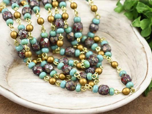 Czech Glass Southwest Blend Turquoise Tri Cut Beaded Chain with Gold Links -- Sold by the foot