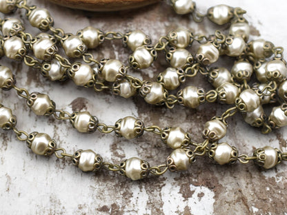 6mm Czech Glass Satin Taupe Pearl Chain w/Ant Brass Caps -- Sold by the foot