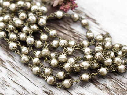 6mm Czech Glass Satin Taupe Pearl Chain w/Ant Brass Caps -- Sold by the foot