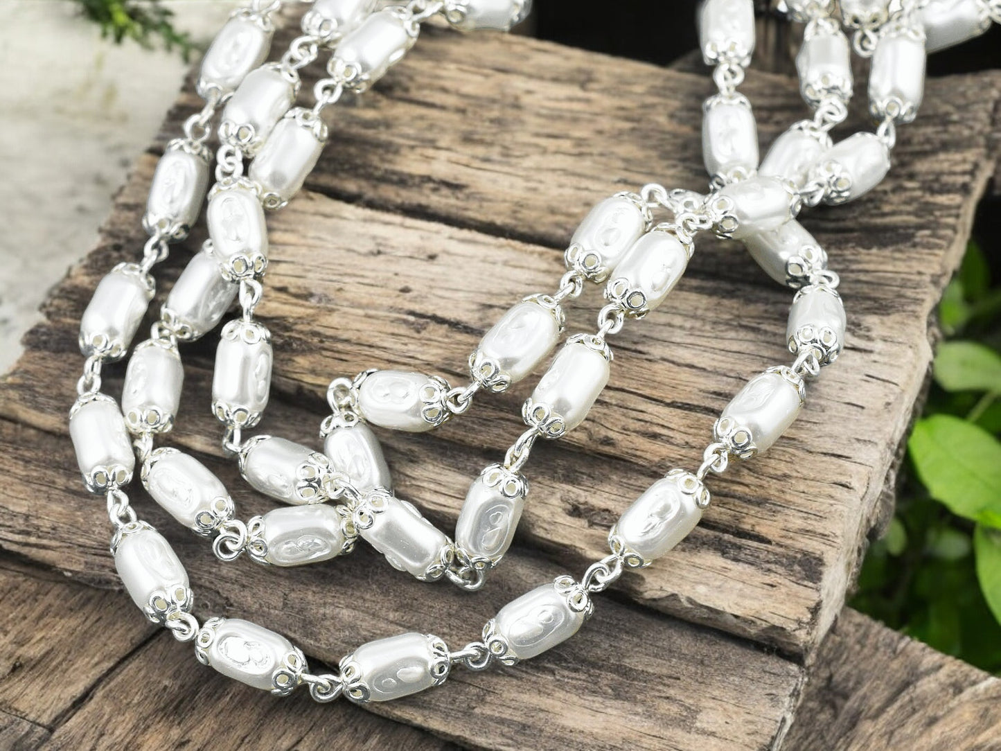 10x5mm Czech Glass White Pearl Chain w/ Bright Silver -- Sold by the foot