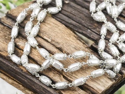10x5mm Czech Glass White Pearl Chain w/ Bright Silver -- Sold by the foot