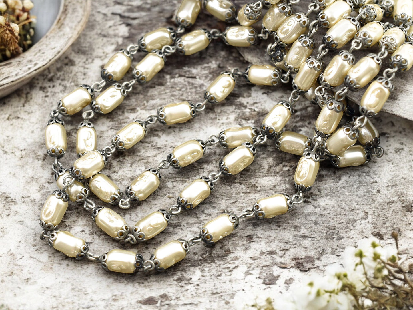 10x5mm Czech Glass Cream Pearl Chain w/Antique Silver Caps