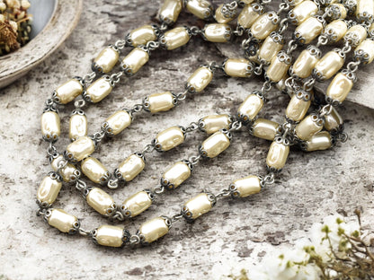 10x5mm Czech Glass Cream Pearl Chain w/Antique Silver Caps