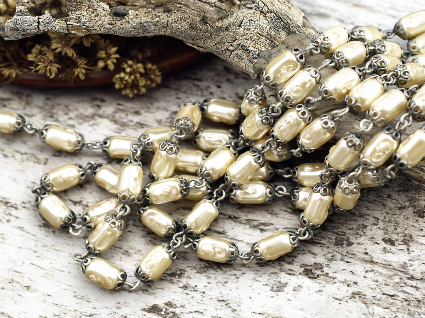 10x5mm Czech Glass Cream Pearl Chain w/Antique Silver Caps