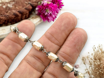 10x5mm Czech Glass Cream Pearl Chain w/Antique Silver Caps