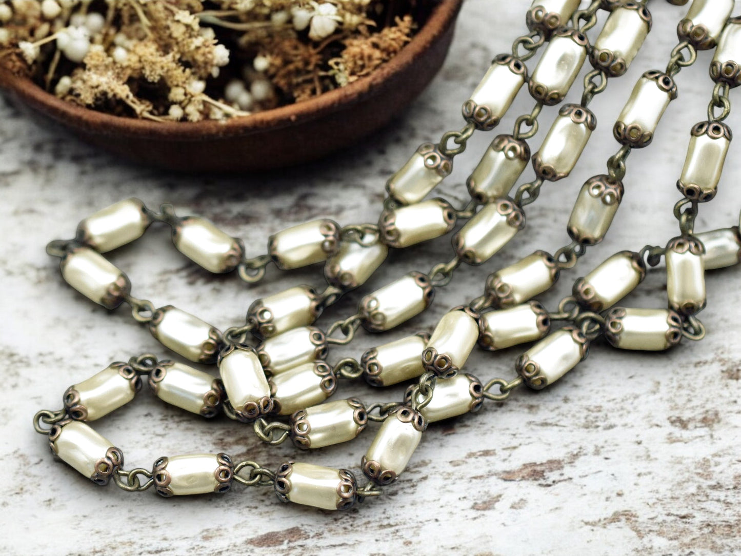 10x5mm Czech Glass Cream Pearl Chain w/Antique Bronze Caps -- Sold by the foot