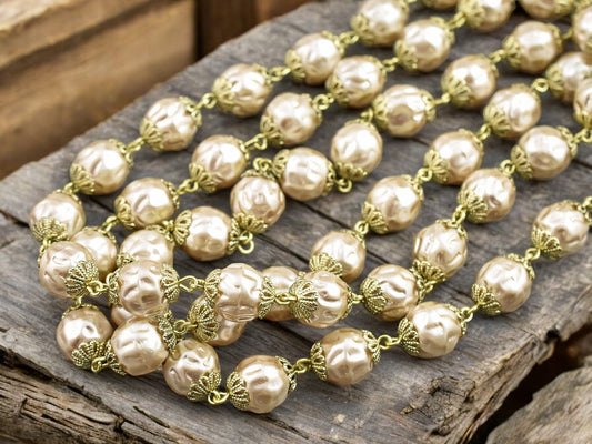 10mm Czech Glass Lt Coffee Baroque Pearl Chain w/Gold Caps -- Sold by the foot