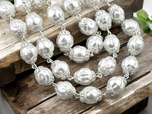 10mm Czech Glass White Baroque Pearl Chain w/ Bright Silver