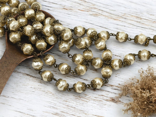 8mm Czech Glass Cream Baroque Pearl Chain with Antique Bronze Caps -- Sold by the foot