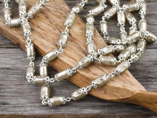 10x5mm Czech Glass Satin Taupe Pearl Chain w/ Bright Silver -- Sold by the foot