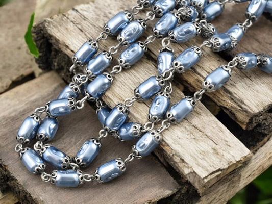 10x5mm Czech Glass Blue Pearl Chain w/ Antique Silver -- Sold by the foot