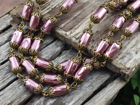 11x6mm Czech Glass Pink Oval Baroque Pearl Chain w/Antique Bronze Caps -- Sold by the foot