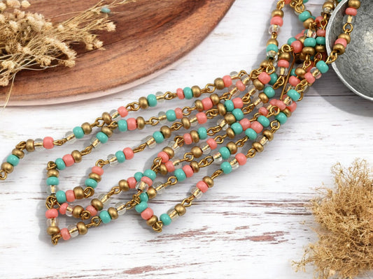 Czech Glass Pink/Turquoise/Gold Beaded Chain w/  Gold