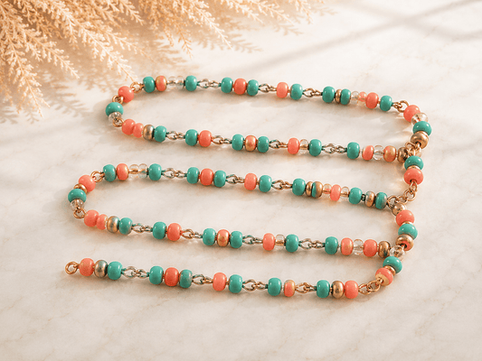 Czech Glass Pink/Turquoise/Gold Beaded Chain w/  Gold