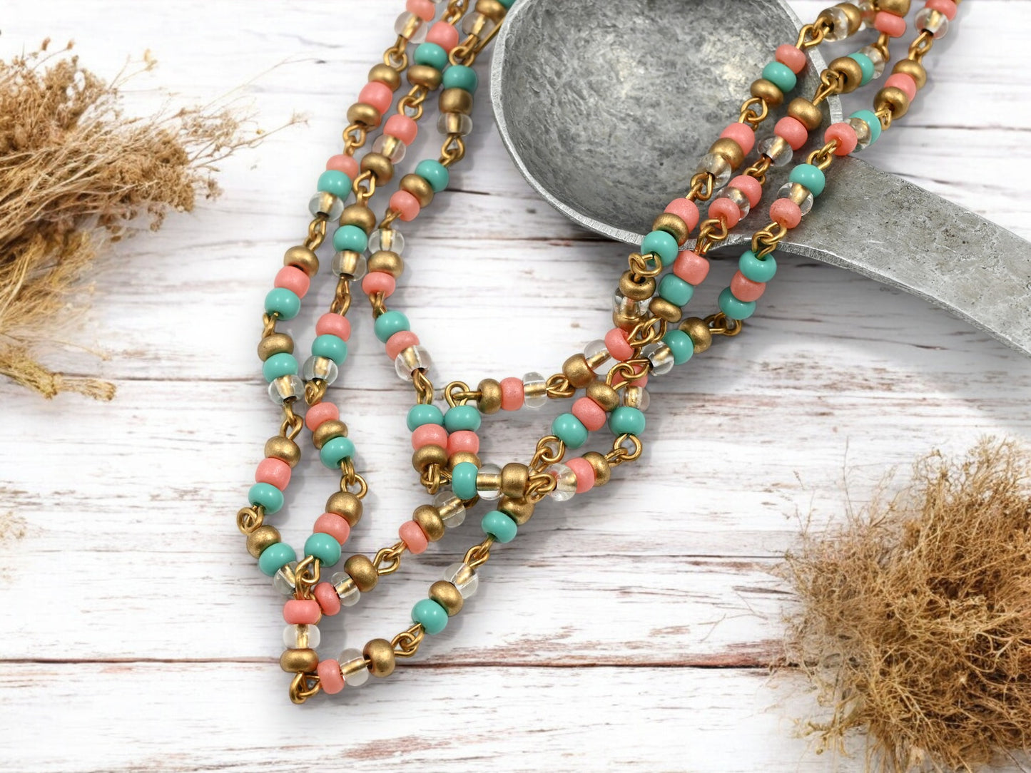Czech Glass Pink/Turquoise/Gold Beaded Chain w/  Gold