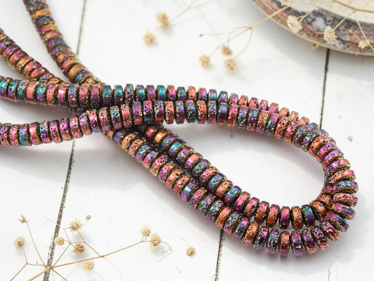 8x4mm Gold Rainbow Electroplated Lava Rock Heishi Rondelle Beads (15.75" Strand)
