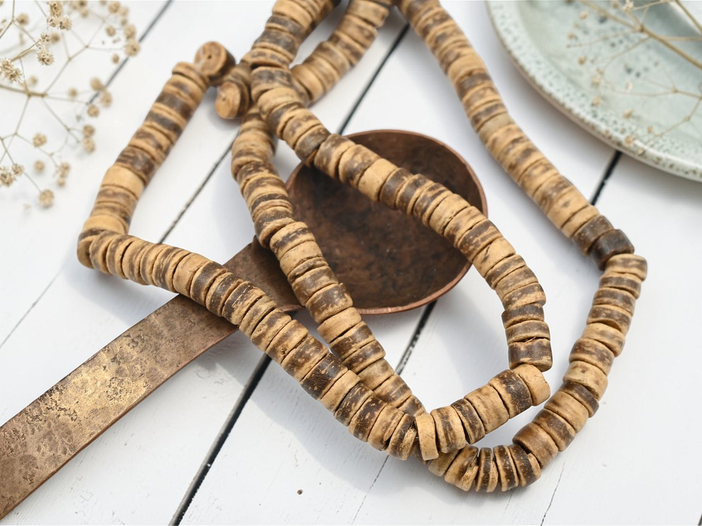 Hand Cut Coconut Shell Wood Heishi Beads (24" Strand) - Choose Your Size