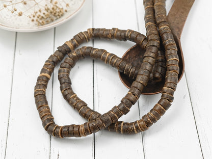Hand Cut Coconut Shell Dark Brown Wood Heishi Beads (24" Strand) - Choose Your Size