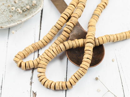 Hand Cut Coconut Shell Natural Wood Heishi Beads (24" Strand) - Choose Your Size