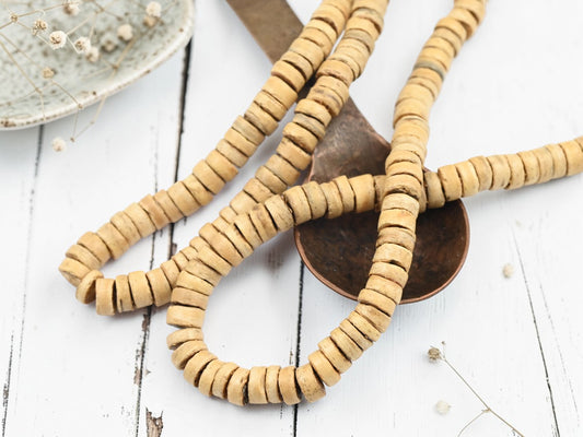 Hand Cut Coconut Shell Natural Wood Heishi Beads (24" Strand) - Choose Your Size